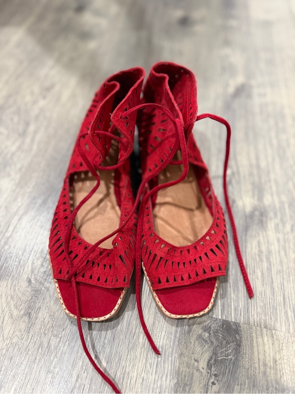 Jeffrey Campbell Rodillo Low Wedge Red Laser-Cut Lace-Up Sandals - Picture 2 of 11